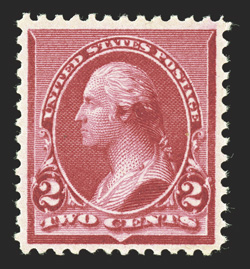 220a, 2c Carmine, cap on left 2 variety, very well centered, bright fresh color, o.g., n.h., extremely fine an elusive variety, especially in this select quality 1990 PF
certificate.