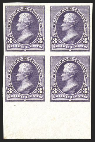 221a, 3c Purple, imperforate, bottom sheet-margin block of four, other margins large, deep color, o.g., n.h., very fine 1991 PF certificate.
