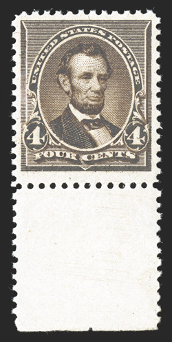 222, 4c Dark brown, bottom sheet-margin single, deeply rich color on fresh paper, well centered, o.g., n.h., extremely fine 1986 PF certificate.