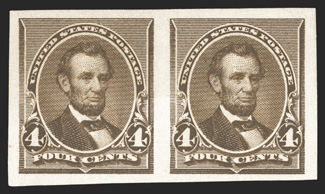 222a, 4c Dark brown imperforate, horizontal pair, large margins all around, rich color, o.g., lightly hinged, extremely fine 1991 PF certificate.