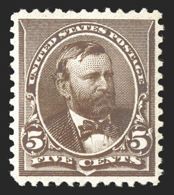 223, 5c Chocolate, premium quality mint single that is extraordinarily well centered and margined, plus its color is especially deep and intense, razor-sharp impression on
fresh paper, o.g., n.h., an extremely fine gem 1995 PF certificate ex