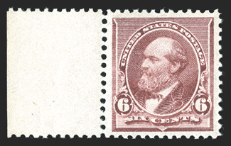224, 6c Brown red, a choice left sheet-margin mint single, being incredibly well centered amid huge margins which are most uncharacteristic of this issue in general and most
unusual for this value in particular, brilliantly fresh, sumptuously ri