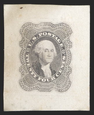37P1, 24c Gray lilac, large die proof on India, 30X38mm on card, light staining, otherwise very fine this is the only recorded example of the 1857 Twenty Four Cent large die
proof, it is currently listed in Scott with only a dash in the pri