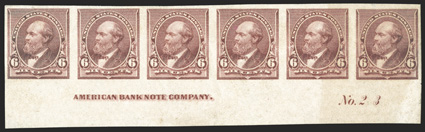 224a, 6c Brown red imperforate, handsome bottom margin imprint and plate No. 23 strip of six, large margins all around, bold color, full slightly disturbed o.g., extremely fine
only 56 exist, virtually all of which were cut up into pairs or b