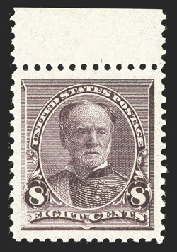 225, 8c Lilac, a phenomenal mint top sheet-margin single whose equal undoubtedly does not exist, possessing centering that is absolute perfection, with gigantic jumbo margins
surrounding an incredibly intense impression, rich luxuriant color, pr