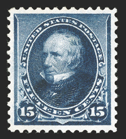 227, 15c Indigo, a mint single whose centering could not be more precise, nor its margins more lavish, plus its color is incredibly intense, unusually intact and even
perforations all around, pristine o.g. with just the faintest trace of hinging