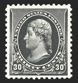 228, 30c Black, well centered within uncharacteristically large margins, deep color on bright white paper, o.g., lightly hinged, extremely fine 1988 PF
certificate.