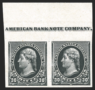 228a, 30c Black imperforate, handsome top margin imprint horizontal pair, with a large sheet selvage, large margins, stunning prooflike color and impression, o.g., n.h.,
certificate mentions a horizontal crease (just a natural gum crease), extre