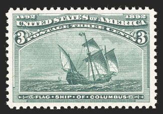 232, 3c Columbian, a stunning mint example, featuring virtually flawless centering amid extraordinarily large margins, deep color and a crisp impression on bright paper, o.g.,
n.h., extremely fine a true gem for the perfectionist 1991 PF certi