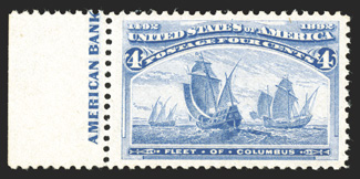 233, 4c Columbian, magnificent left sheet-margin partial imprint single, exceptionally fresh, unusually wide and well balanced margins all around, bright radiant color, o.g.,
n.h., extremely fine a pristine gem 1991 PF certificate.