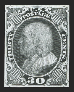 38-E1, 30c Black incomplete design die essay on India, stamp size as always, sharp impression on bright white paper, very fine a lovely example of this very rare essay, being
the only essay that Scott lists for the 30c value.