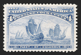 233, 4c Columbian, exceptionally well centered and margined, strong color, o.g., n.h., extremely fine 1988 PF certificate.