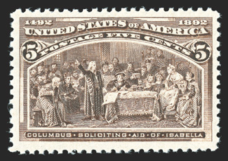 234, 5c Columbian, very well centered within extraordinarily large margins, rich color, o.g., n.h., extremely fine 1989 PSE certificate for the block of six from which this
came.