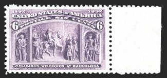 235, 6c Columbian, right sheet-margin single, excellent centering within large margins, wonderfully fresh color and paper, o.g., n.h., extremely fine 1988 PF
certificate.