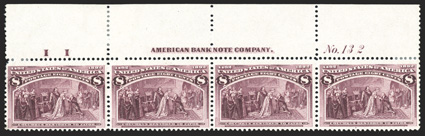 236, 8c Columbian, full top margin imprint, letters II and plate No. 132 strip of four, well centered and margined, lovely rich color, o.g., middle stamps never hinged, end
stamps and selvage with h.r.s, very fine-extremely fine 1988 PF ce