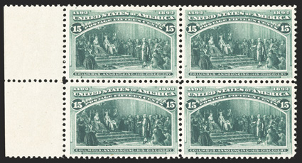 238, 15c Columbian, left sheet-margin block of four, deeply rich color and a crisp impression, well centered and margined (especially the right stamps), o.g., n.h., bottom left
stamp with tiny natural gum skip, very fine-extremely fine photocop