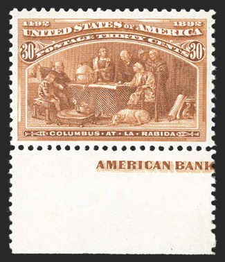 239, 30c Columbian, handsome bottom sheet-margin partial imprint single, marvelously bright and fresh, exceedingly well centered within large margins, unblemished o.g., n.h.,
extremely fine and quite choice 1990 PF certificate.