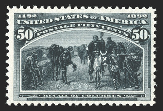 240, 50c Columbian, deep color and a razor-sharp impression, nicely centered, o.g., n.h., trivial natural gum inclusion, very fine clear 1990 PF certificate.