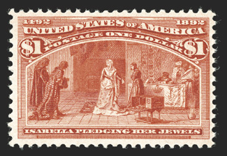 241, $1.00 Columbian, pristine mint single, with deep fiery color and a vivid impression, attractively centered, o.g., n.h., very fine never hinged examples of the One Dollar
Columbian are quite elusive 1989 PF certificate.