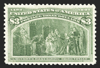 243, $3.00 Columbian, attractive mint example, with bright yellow green color on clean white paper, wonderfully well centered within uncommonly large margins, pristine full
o.g. that is just lightly hinged, extremely fine a particularly choice