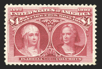 244, $4.00 Columbian, an exceedingly choice mint example, being remarkably well centered amid much larger margins than normally found, intensely rich color, o.g., lightly
hinged, extremely fine 1985 PF certificate.