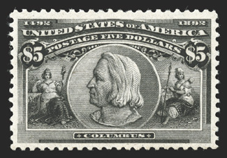 245, $5.00 Columbian, an exceptional mint example of this ever-popular high value commemorative, in a quality that places it well above the norm, with outstanding centering
amid lavish large margins which are most uncharacteristic of this value,