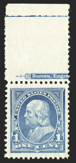 247, 1c Blue, a stunning top sheet-margin partial imprint single, impeccably well centered amid extravagantly large margins, rich bright color on pristine white paper, o.g.,
n.h., an extremely fine gem in every regard 1988 PF certificate.