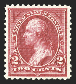 249, 2c Carmine lake, Ty. I, exceptionally well centered within large margins, strong color, pristine o.g., n.h., choice very fine 1991 PF certificate.