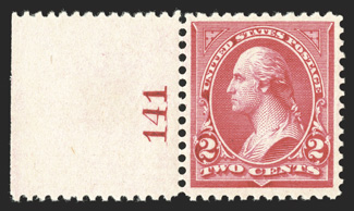 252, 2c Carmine, Ty. III, impressive left sheet-margin plate no. 141 single, exceedingly well centered, bright fresh color, o.g., n.h., extremely fine 1990 PF
certificate.