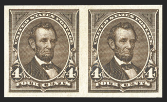 254a, 4c Dark brown imperforate, horizontal pair, large balanced margins, strong rich color, o.g., lightly hinged, extremely fine 1990 PF certificate for a block of four, this
being the top pair.