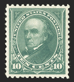 258, 10c Dark green, a highly desirable mint single, possessing near perfect centering amid large margins, impressively rich color and a deeply etched impression, o.g., lightly
hinged, extremely fine 1999 PF certificate and a 2006 PF certificat