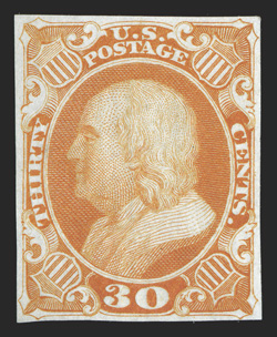 38P2, 30c Orange, small die proof on India, stamp size as usual, vibrant color, very fine and choice this is the first example of 38P2 we have ever offered 2002 PSE certificate
listed but not priced in Scott.