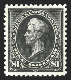 261A, $1.00 Black, Ty. II, a most impressive mint example of this scarce stamp, possessing extraordinary centering within larger margins than typically encountered, deep color
and an intense impression on bright white paper, o.g., lightly hinged