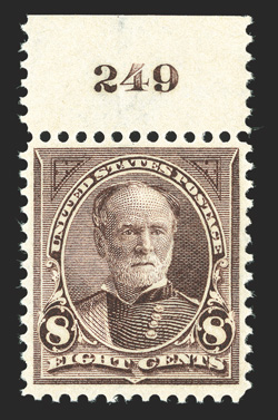 272, 8c Violet brown, top margin plate no. 249 single, nicely centered, attractive color, o.g., n.h., extremely fine photocopy of a 1988 PF certificate for a strip of three,
this being the right stamp.