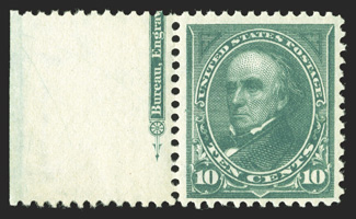 273, 10c Dark green, left margin partial imprint single, nicely centered and margined, rich color, o.g., n.h., very fine 1987 PF certificate.