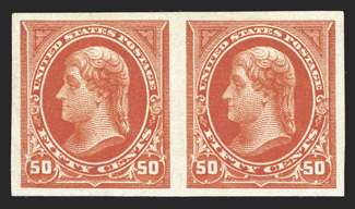 275b, 50c Orange imperforate, horizontal pair, large even margins all around, bright fresh color, o.g., lightly hinged, extremely fine especially desirable in this premium
condition 1987 PF certificate for a block of four, this being the botto