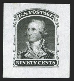 39TC2, 90c Black small die trial color proof on India, 28x31, with full margins and not cut down to stamp size as are so many of the small die proofs, faintest trace of a
horizontal crease, otherwise extremely fine a rarely offered trial color