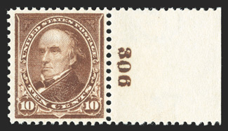 282C, 10c Brown, Ty. I, a striking right margin plate no. 306 single, possessing not only outstanding centering within large margins, but it also features eye-arresting intense
color and a superbly detailed impression on bright fresh paper, unbl