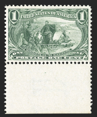 285, 1c Trans-Mississippi, handsome bottom sheet-margin single, particularly well centered within large margins, bright fresh color, o.g. n.h., extremely fine 1990 PF
certificate.