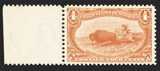 287, 4c Trans-Mississippi, left sheet-margin single, wonderfully well centered amid wide margins, brilliant color, o.g., n.h., extremely fine a most attractive Four Cent
Trans-Mississippi 1988 PF certificate.