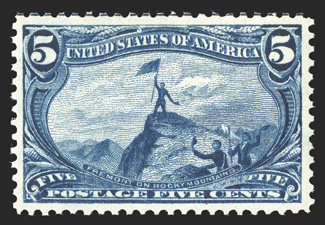 288, 5c Trans-Mississippi, post office fresh mint single, with rich luxuriant color and a deeply incised impression on brilliantly white paper, exceptionally well centered,
pristine o.g., never hinged, extremely fine 1987 PF certificate.