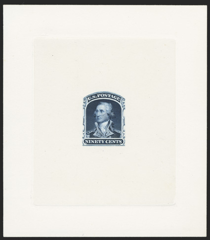 40P1-47P1, 1c-90c 1857 Reprints, large die proofs on India, all are die sunk on 91x103mm cards, bright colors on pristine white paper and cards, a few minor card thins outside
the die area from mounting, 5c with a single small toned spot, extrem