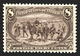 289, 8c Trans-Mississippi, well centered within much larger margins than usually encountered on this difficult value, rich color, o.g., n.h., very fine 1988 PF
certificate.