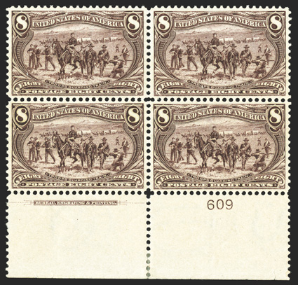 289, 8c Trans-Mississippi, handsome full bottom margin imprint and plate no. 609 block of four, remarkably well centered, especially for a plate block of this challenging
value, rich color, o.g., lightly hinged, minor hinge reinforcement in far