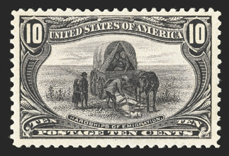 290, 10c Trans-Mississippi, select mint single that is wonderfully well centered within especially large margins, sumptuously rich color and a well defined impression on
wonderfully fresh paper, o.g., n.h., extremely fine seldom encountered in