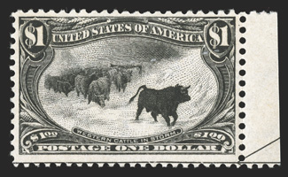 292, $1.00 Trans-Mississippi, right sheet-margin single with partial arrow guide, strong color, o.g., never hinged (rarely offered thus), very fine 1988 PF
certificate.
