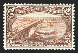 293, $2.00 Trans-Mississippi, a highly desirable mint example that is exceedingly well centered within much larger margins than normally associated with this high value, lovely
rich color and a wonderfully detailed impression, o.g., faintly hing