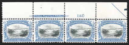 297, 5c Pan-American, top margin imprint and plate no. 1140 strip of four, exceptionally well centered, fresh colors, o.g., stamps n.h., hinged in the selvage above the right
stamp only, third stamp with natural gum skip, left stamp with small i