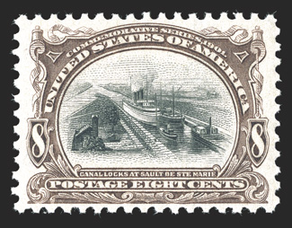 298, 8c Pan-American, excellent centering, bright fresh colors, o.g., n.h., extremely fine 1989 PF certificate for a block of four, this being the top left
stamp.