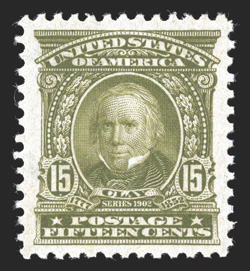 309, 15c Olive green, flawlessly centered within uncharacteristically large margins, beautiful rich color and a well incised impression, pristine o.g., n.h., extremely fine gem
a remarkably choice example of this particularly challenging value